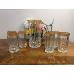 Vintage Crystal Gold Rim Pitcher and Tumbler Set Mid Century‎ Bar Cart Cocktail